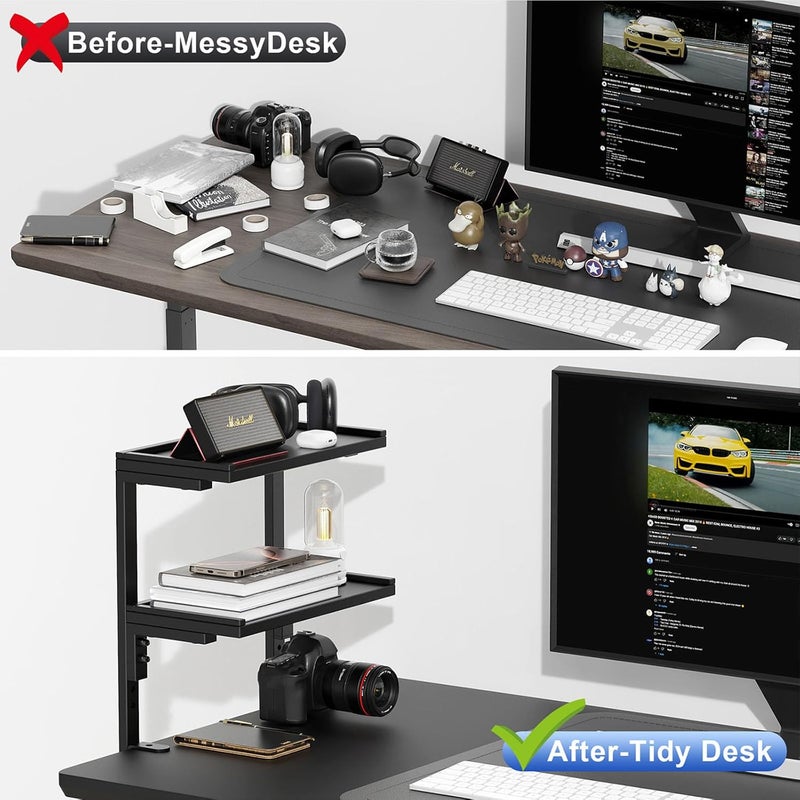 OUTIOE 2-Tier Desk Shelf, Expandable Under Desk Storage, Clamp on Desk Shelf, Desktop Accessories for Offices, Study Rooms, and Game Rooms (Black) - Image 3